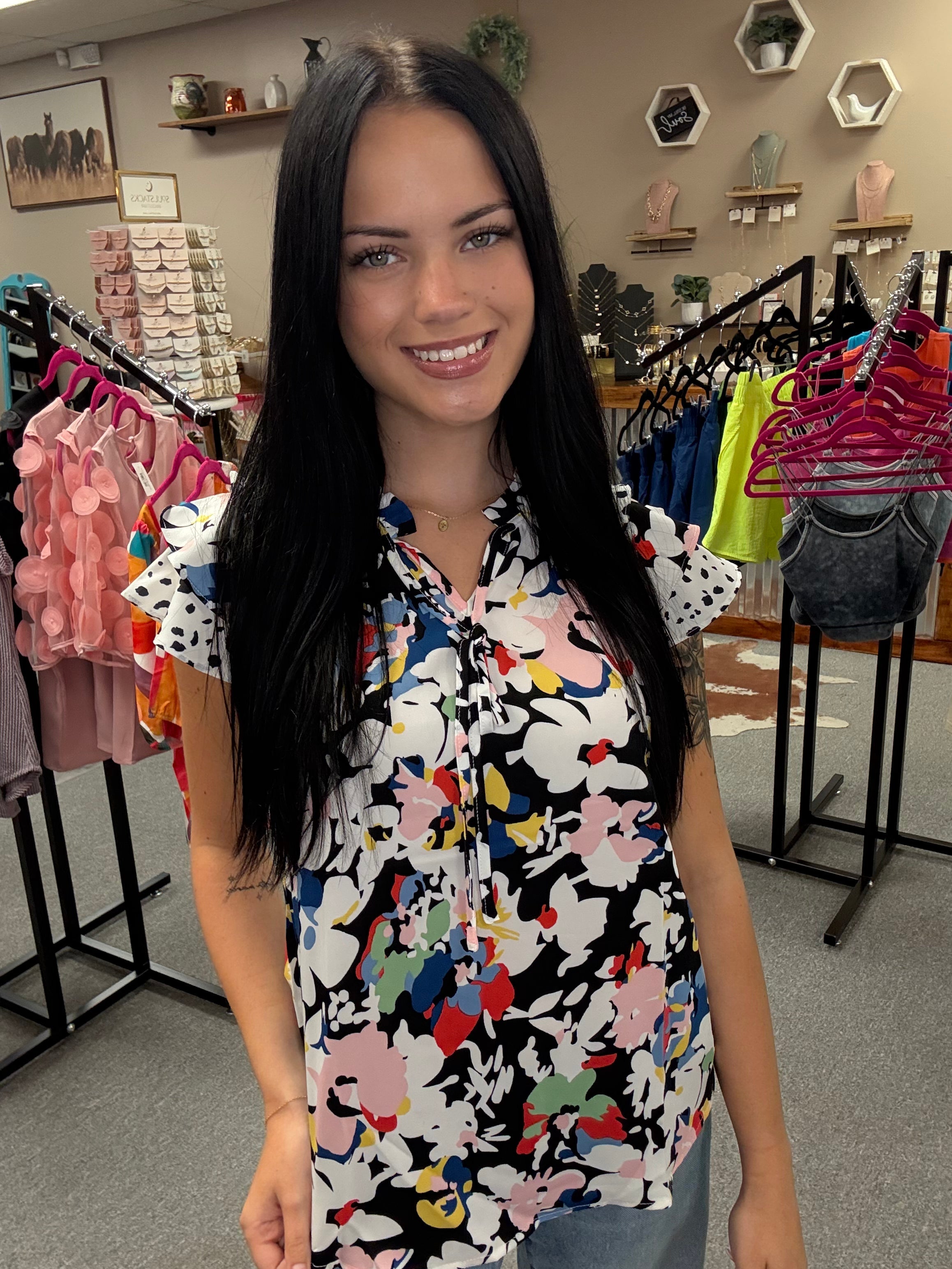 Multi-Color Split Neck with Ruffle Sleeves Top