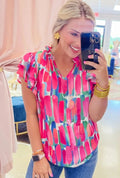 Rose Abstract Brush Print Ruffled Sleeve Frill V Neck Blouse